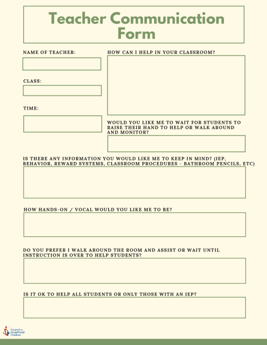 Teacher Communication Form for Paraeducators